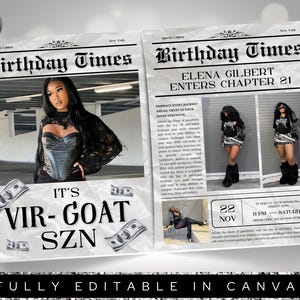 May include: A newspaper-style design with the headline "Birthday Times" and the text "IT'S VIR-GOAT SZN." The design features photos of a woman in a corset and other outfits, along with dollar bills. The text "FULLY EDITABLE IN CANVA" is at the bottom.