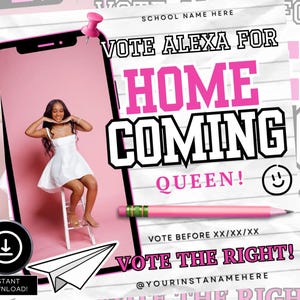 Puede incluir: Gr&aacute;fico digital rosa y blanco que promociona a una candidata a reina del baile de graduaci&oacute;n. El dise&ntilde;o incluye una foto de una persona con un vestido blanco, el texto "VOTE ALEXA FOR HOMECOMING QUEEN!", un l&aacute;piz y un avi&oacute;n de papel. El gr&aacute;fico tambi&eacute;n incluye el texto "INSTANT DOWNLOAD!"
