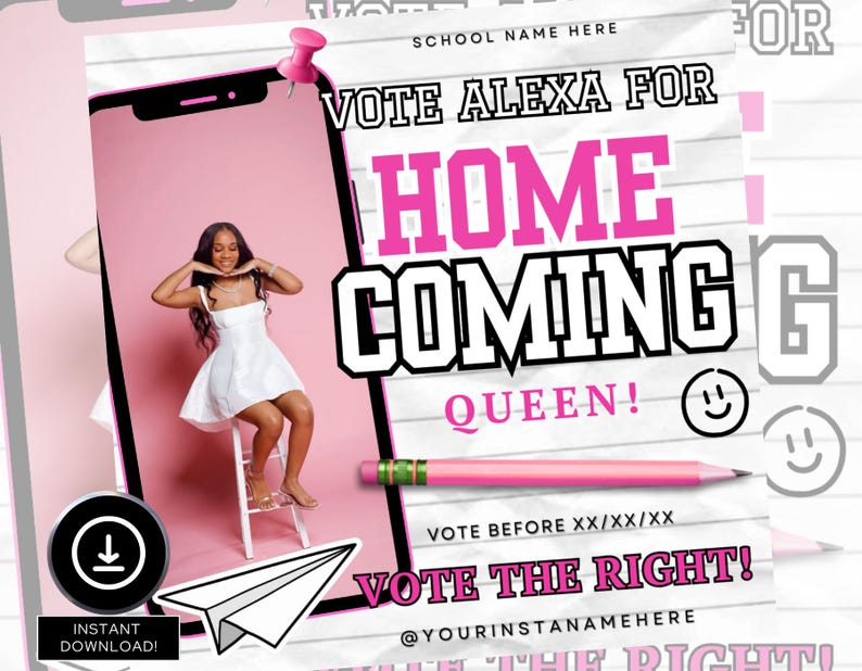 Puede incluir: Gr&aacute;fico digital rosa y blanco que promociona a una candidata a reina del baile de graduaci&oacute;n. El dise&ntilde;o incluye una foto de una persona con un vestido blanco, el texto "VOTE ALEXA FOR HOMECOMING QUEEN!", un l&aacute;piz y un avi&oacute;n de papel. El gr&aacute;fico tambi&eacute;n incluye el texto "INSTANT DOWNLOAD!"