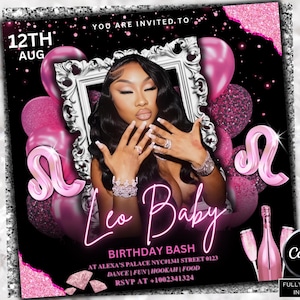 Pink Leo Birthday Flyer, Birthday Szn Flyer, Leo Invitation Flyer, Leo Birthday Event, Social Media Flyer, Premade Flyer Template