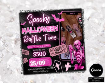 May include: A promotional graphic for a Halloween raffle. The design features a black background with pink text that reads "Spooky Halloween Raffle Time." A pink skeleton and bats are also included. The image also shows a close-up of a hand with Halloween-themed nail art.