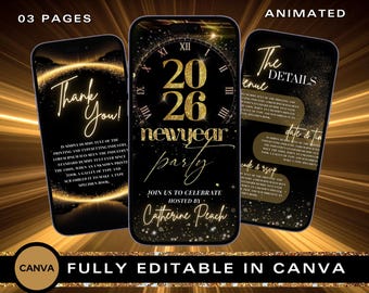 Può includere: Modello di invito animato per la festa di Capodanno con tre pagine. Il design presenta testo e accenti dorati su sfondo nero. L'invito include il testo "2026 New Year Party" e "Join us to celebrate hosted by Catherine Peach."