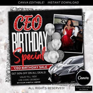 May include: A promotional graphic with the text "CEO BIRTHDAY Special" in red and white. The image includes a photo of a woman in a red dress, silver balloons, and a black car. The graphic also includes the text "CEO BIRTHDAY SALE" and "GET 50% OFF ON ALL DEALS!"