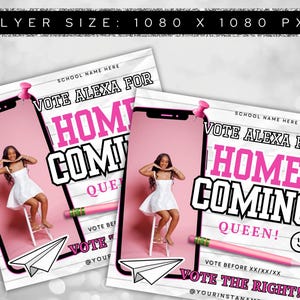 Puede incluir: Dos folletos rosas y blancos con el texto "VOTE ALEXA FOR HOMECOMING QUEEN!". Presentan una foto de una joven con un vestido blanco. Cada folleto incluye un imperdible rosa, un l&aacute;piz y un avi&oacute;n de papel.