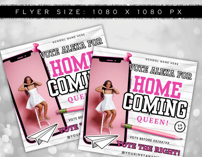 Puede incluir: Dos folletos rosas y blancos con el texto "VOTE ALEXA FOR HOMECOMING QUEEN!". Presentan una foto de una joven con un vestido blanco. Cada folleto incluye un imperdible rosa, un l&aacute;piz y un avi&oacute;n de papel.
