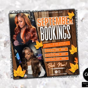 May include: A promotional graphic for September bookings, featuring two women with styled hair. The design includes text that reads "September Bookings" and "Book Now!" with orange and yellow fall leaf accents. The graphic is fully editable in Canva.