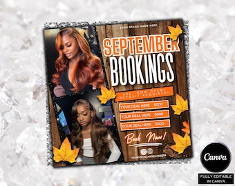 September Booking Flyer, Fall Season Booking Flyer, September Books Open, September Lash Nails Braids MUA Wig Autumn Flyer, Fall Szn Sale