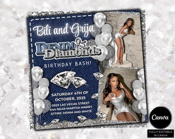 Denim and Diamonds Birthday invitation,Editable Denim Birthday Dinner Invites,denim and diamonds Party Invite, Canva Template,Birthday flyer