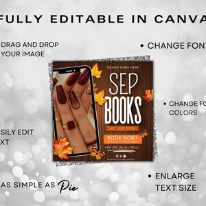 May include: An advertisement for "SEP BOOKS" with a wooden background, autumn leaves, and a smartphone displaying a hand with burgundy nails. Text includes "Book Now!" and "Fully Editable in Canva."