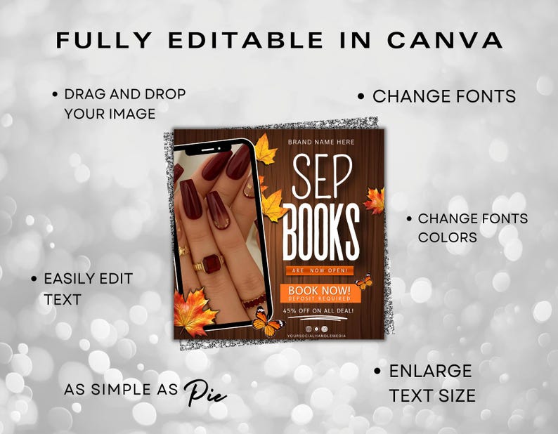 May include: An advertisement for "SEP BOOKS" with a wooden background, autumn leaves, and a smartphone displaying a hand with burgundy nails. Text includes "Book Now!" and "Fully Editable in Canva."