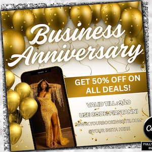 Folheto de aniversário empresarial, folheto de aniversário de peruca, cílios, cabelo, unha, folheto de aniversário de CEO, folheto de celebração, folheto de venda de aniversário empresarial Canva