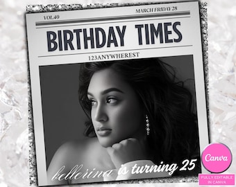 Newspaper Birthday Flyer, Happy Birthday Flyer, Invite flyer, Birthday event flyer, CEO birthday flyer, Canva template.