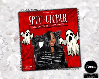 May include: A red and white graphic for "Spoo-ctober" with a woman in a black chair, two cartoon ghosts, and the text "Bookings are now open!" The image includes a notification box with the text "Book my slot" and "Book now!"