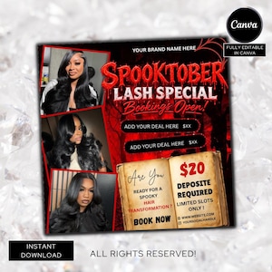 May include: A digital flyer for a Spooktober Lash Special featuring three photos of individuals with long dark hair. The design includes red dripping text, a vintage book graphic with the text $20 DEPOSITE REQUIRED, and placeholders for brand name, deals, and website links.
