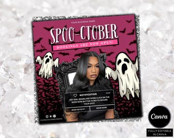 Boekingsflyer oktober, boeken open oktober, haarflyer Halloween, Spooky SZN-flyer, haarflyer oktober, MUA Lash Locs-pruik nagels, DIY-canva