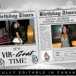 May include: A newspaper-style birthday party invitation with the headline "Birthday Times." The design includes photos, the text "IT'S VIR-Goat TIME," and the Canva logo. The invitation is fully editable.