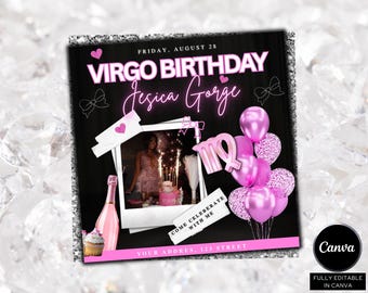 Pink Virgo Birthday Flyer, Birthday Girl Flyer , Birthday Party Flyer, Celebration Flyer, Birthday Girl, Party Flyer, Virgo Bash Flyer