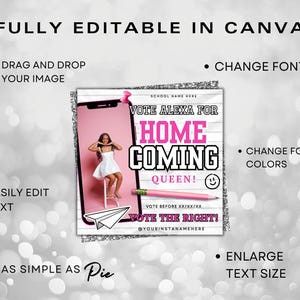 Puede incluir: Gr&aacute;fico rosa y blanco para una campa&ntilde;a de reina del baile de bienvenida. El dise&ntilde;o incluye el texto "VOTE ALEXA FOR HOMECOMING QUEEN!" y una foto de una persona con un vestido blanco. La imagen tambi&eacute;n incluye un l&aacute;piz y un avi&oacute;n de papel.