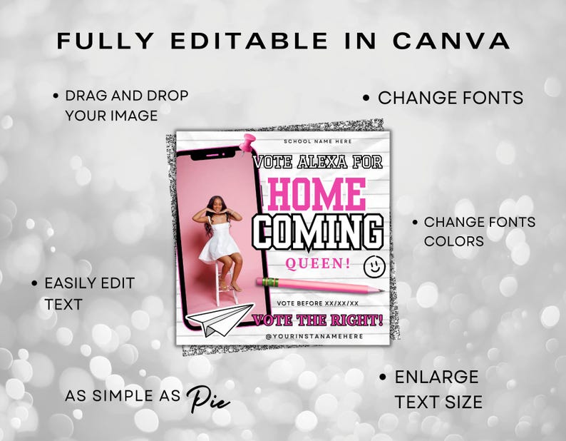 Puede incluir: Gr&aacute;fico rosa y blanco para una campa&ntilde;a de reina del baile de bienvenida. El dise&ntilde;o incluye el texto "VOTE ALEXA FOR HOMECOMING QUEEN!" y una foto de una persona con un vestido blanco. La imagen tambi&eacute;n incluye un l&aacute;piz y un avi&oacute;n de papel.