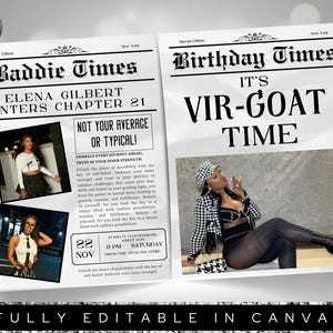 Peut inclure: Une conception numérique avec deux pages de style journal. Une page lit "Baddie Times" avec le titre "Elena Gilbert Enters Chapter 21." L'autre page lit "Birthday Times" avec le titre "It's Vir-Goat Time."