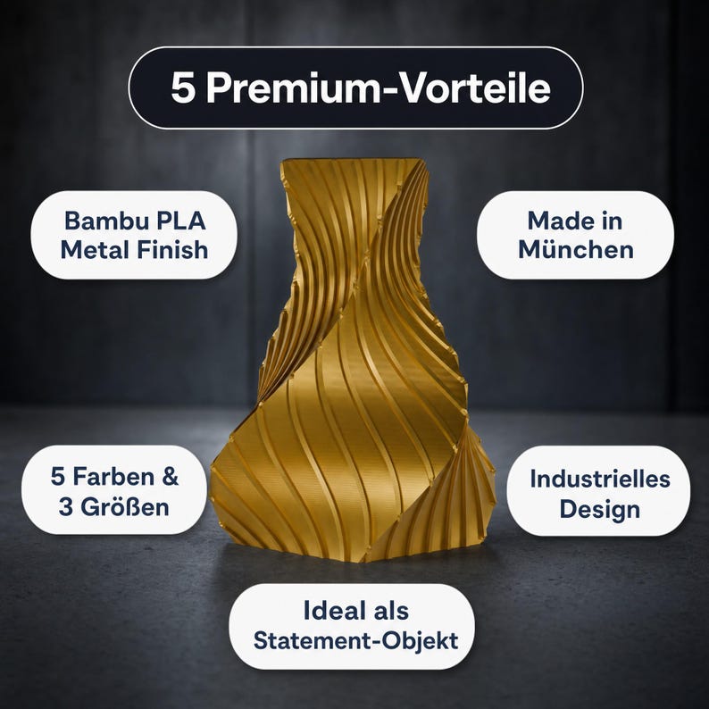Industriell Structura Vase Eisengrau im Ambiente Büro Empfang · Trapezkonisch mit feinen Diagonalrippen, Bambu PLA Metal · 3D Druck handgefertigt München MyDesignStyle MDS.