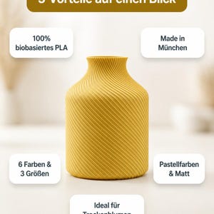 5 Vorteile Bonbon Sucari Vase: Bambu PLA Matte · Made in München · 6 Farben & 3 Größen · Pastellfarben & Matt · Ideal für Trockenblumen · MyDesignStyle.