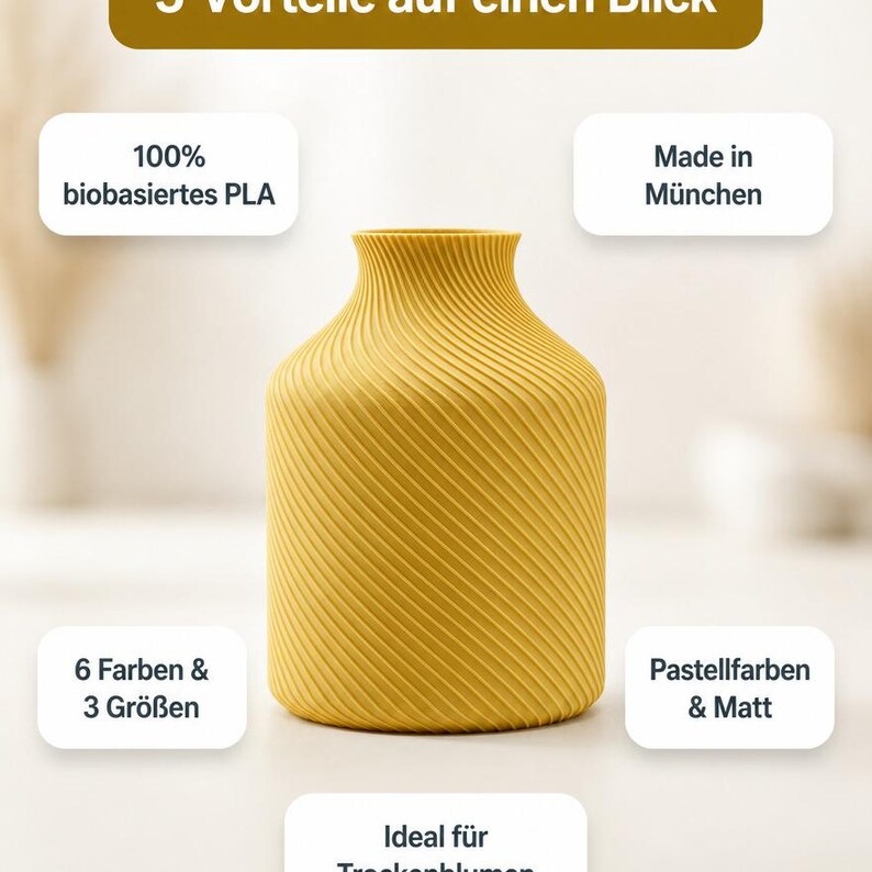 5 Vorteile Bonbon Sucari Vase: Bambu PLA Matte · Made in München · 6 Farben & 3 Größen · Pastellfarben & Matt · Ideal für Trockenblumen · MyDesignStyle.
