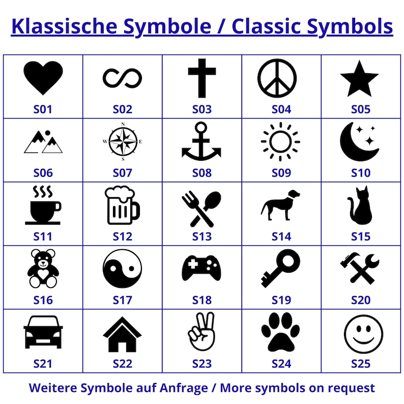 Übersichtsgrafik mit klassischen Symbolen zur Auswahl für personalisierte Gravuren. Das Bild zeigt 25 klar dargestellte Icons mit Kennzeichnung von S01 bis S25, darunter Herz, Unendlichkeitszeichen, Kreuz, Peace Symbol, Stern, Berge, Kompass, Anker, Sonne, Mond, Kaffee, Bier, Besteck, Hund, Katze, Teddy, Yin Yang, Gamepad, Schlüssel, Werkzeug, Auto, Haus, Peace Hand, Pfote und Smiley. Ideal zur Auswahl eines passenden Symbols für Schlüsselanhänger AirTag Anhänger oder individuelle Geschenke.