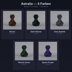 K&ouml;nnte beinhalten: Das Bild zeigt f&uuml;nf 3D-gedruckte Vasen in verschiedenen Farben: Braun, Dunkelnebel, Grausparkle, Nebelgr&uuml;n und Weltraumviolett. Jede Vase hat ein futuristisches Design. Der Text "Astralia - 5 Farben" steht oben.