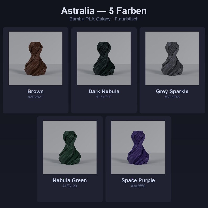 K&ouml;nnte beinhalten: Das Bild zeigt f&uuml;nf 3D-gedruckte Vasen in verschiedenen Farben: Braun, Dunkelnebel, Grausparkle, Nebelgr&uuml;n und Weltraumviolett. Jede Vase hat ein futuristisches Design. Der Text "Astralia - 5 Farben" steht oben.