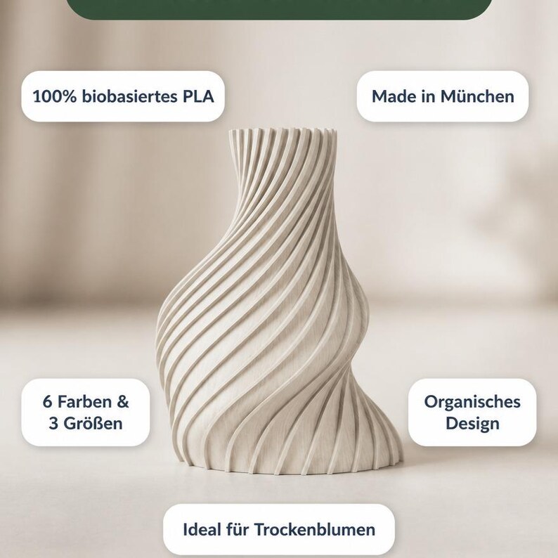 5 Vorteile Organisch Arbor Vase: Bambu PLA Wood · Made in München · 6 Farben & 3 Größen · Organisches Design · Ideal für Trockenblumen · MyDesignStyle.