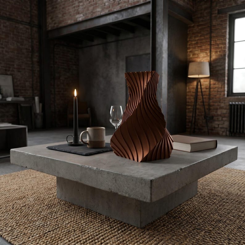 Industriell Structura Vase Kobaltblau im Ambiente Loft Wohnzimmer · Trapezkonisch mit feinen Diagonalrippen, Bambu PLA Metal · 3D Druck handgefertigt München MyDesignStyle MDS.