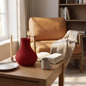 May include: A red textured vase sits on a wooden table next to a plate, a mug, and an open book. A lit candle and a leather armchair are in the background. The room is lit by natural light.