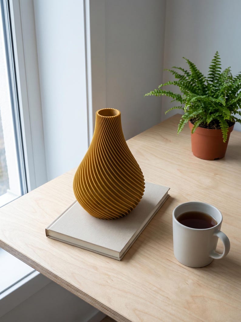 Deko-Vase Organisch Botania Ockergelb — Arbeitsplatz Schreibtisch · Geschwungene Organisch-Form mit Holzmaserung, Bambu PLA Wood · Made in Germany · MyDesignStyle.