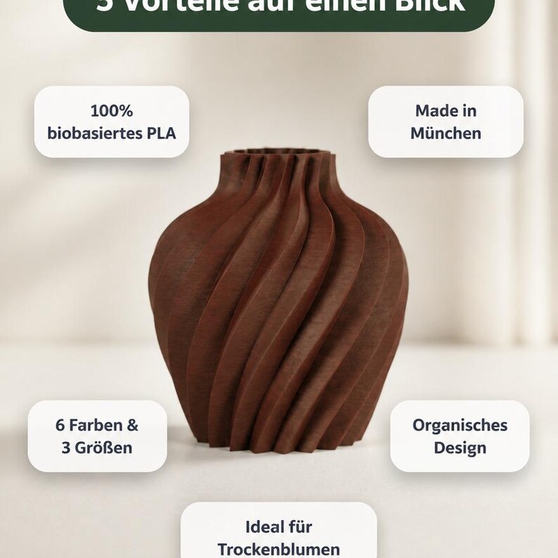 5 Vorteile Organisch Verdana Vase: Bambu PLA Wood · Made in München · 6 Farben & 3 Größen · Organisches Design · Ideal für Trockenblumen · MyDesignStyle.