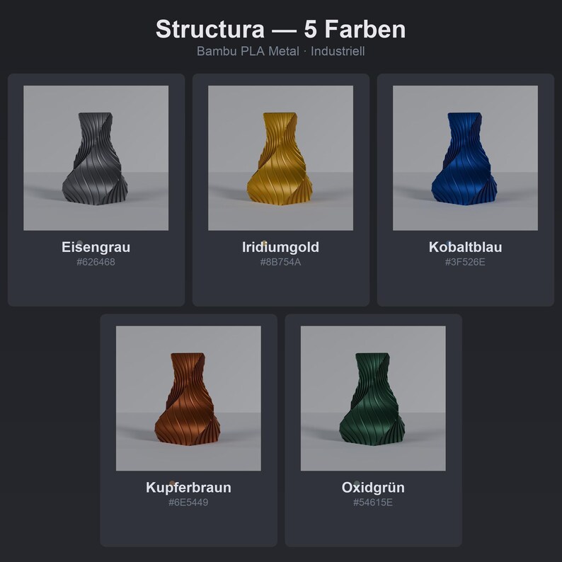 Industriell Structura Vase Iridiumgold im Ambiente Küchentheke · Trapezkonisch mit feinen Diagonalrippen, Bambu PLA Metal · 3D Druck handgefertigt München MyDesignStyle MDS.