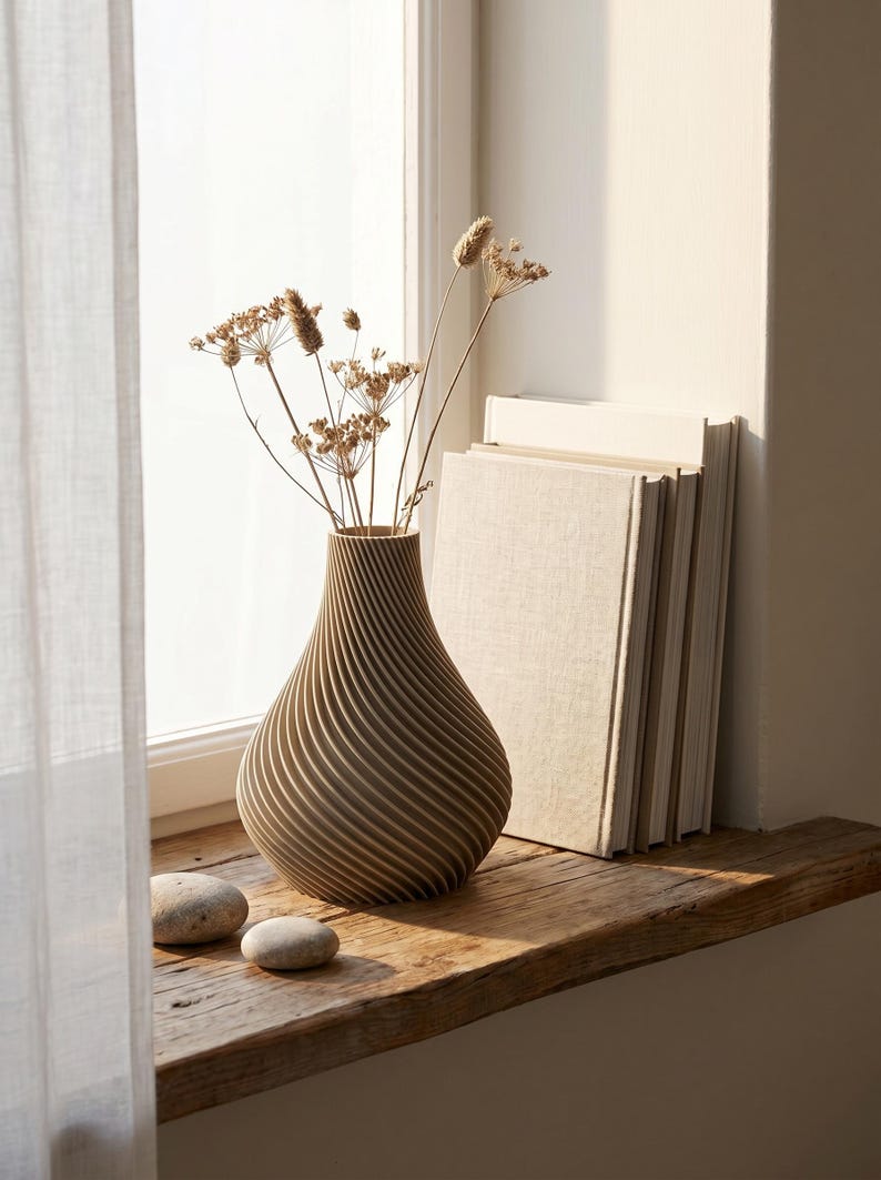 Deko-Vase Organisch Botania Klassische Birke — Fensterbrett im Tageslicht · Geschwungene Organisch-Form mit Holzmaserung, Bambu PLA Wood · Made in Germany · MyDesignStyle.