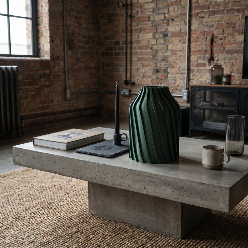 Industriell Urbanica Vase Oxidgrün im Ambiente Couchtisch · Breiter Zylinder mit kräftigen Diagonalfluten, Bambu PLA Metal · 3D Druck handgefertigt München MyDesignStyle MDS.