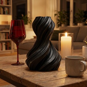 K&ouml;nnte beinhalten: Eine schwarze, skulpturale Vase mit einem wirbelnden Design steht auf einem Holztisch. Ein Rotweinglas und eine brennende Kerze in einem Glashalter stehen ebenfalls auf dem Tisch. Eine beige Tasse befindet sich auf der rechten Seite.