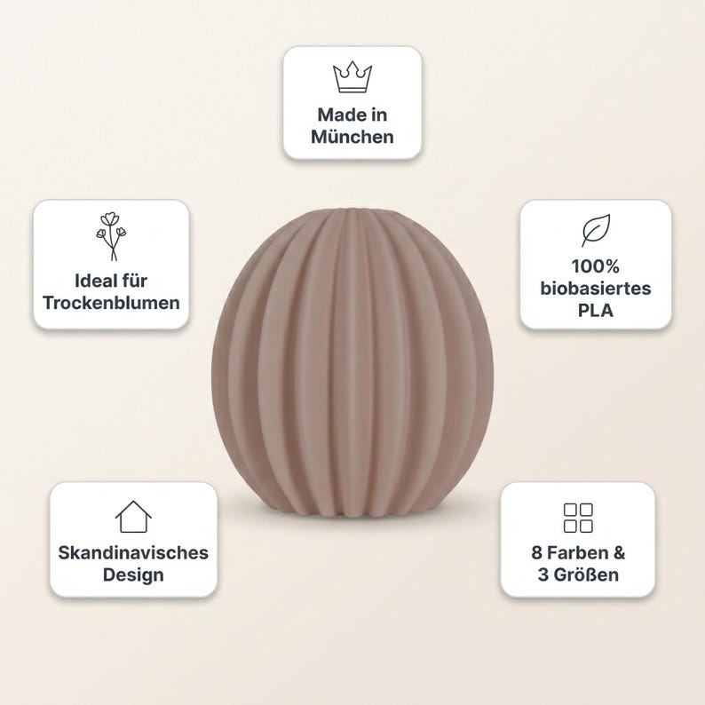 May include: A light brown, spherical vase with vertical ribbed detailing. The vase is made of 100% bio-based PLA and is part of a Scandinavian design. The vase is available in 8 colours and 3 sizes. Made in Munich.