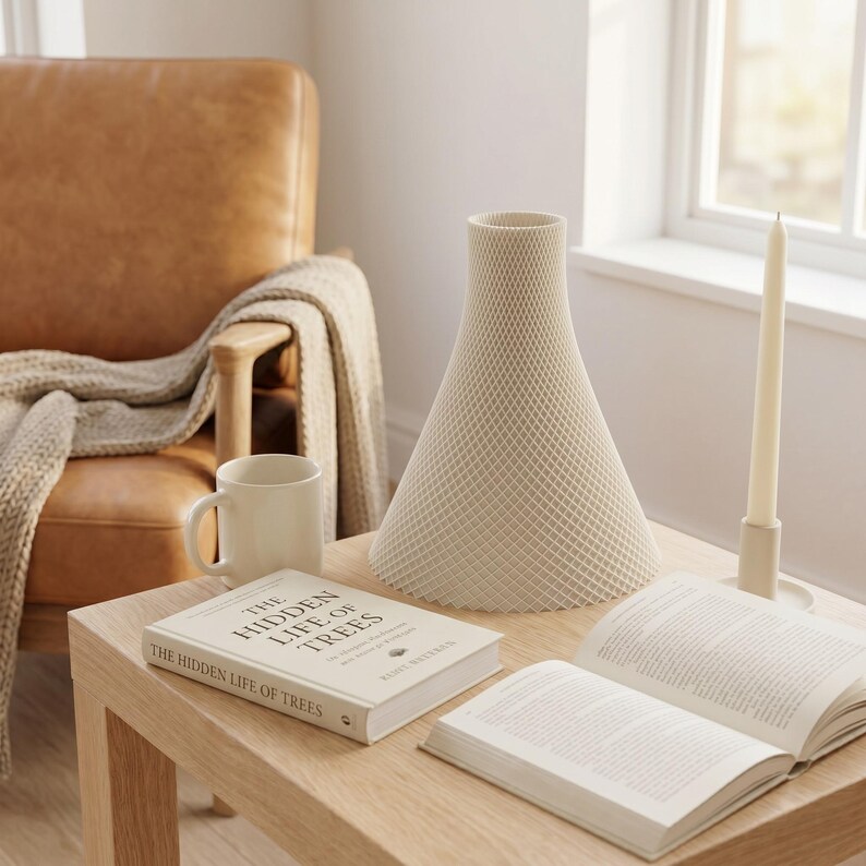 Peut inclure: Un vase beige &agrave; tissage ouvert est pos&eacute; sur une table en bois clair &agrave; c&ocirc;t&eacute; d'une tasse et d'un livre ouvert intitul&eacute; "The Hidden Life of Trees". Une bougie allum&eacute;e dans un support et une chaise en cuir beige sont en arri&egrave;re-plan.