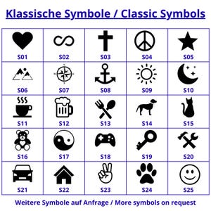 Klassische Symbole zur Auswahl für die Gravur: Herz, Stern, Anker, Sonne, Hund, Katze, Bär, Gamepad, Schlüssel und viele mehr. Personalisierbare Designs für individuelle Schlüsselanhänger.