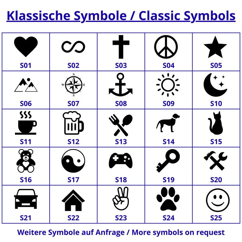 Klassische Symbole zur Auswahl für die Gravur: Herz, Stern, Anker, Sonne, Hund, Katze, Bär, Gamepad, Schlüssel und viele mehr. Personalisierbare Designs für individuelle Schlüsselanhänger.