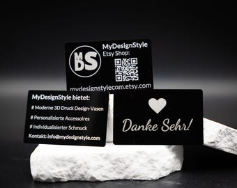 Tarjeta de visita metálica premium, negro mate – Aluminio extra grueso de 0,45 mm con grabado láser