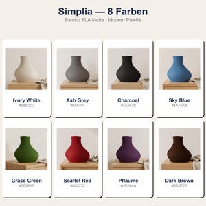 May include: A modern palette of eight bamboo PLA matte vases in various colors, including ivory white, ash grey, charcoal, sky blue, grass green, scarlet red, plum, and dark brown. Each vase has a unique shape and textured surface.