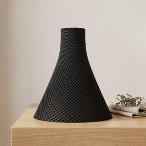 Peut inclure: Un vase noir en forme de c&ocirc;ne avec un motif textur&eacute; en forme de treillis. Le vase a une base large qui se r&eacute;tr&eacute;cit vers le haut jusqu'&agrave; un col plus &eacute;troit. Il repose sur une surface en bois de couleur claire. Un tissu pli&eacute; et une brindille de fleurs s&eacute;ch&eacute;es sont en arri&egrave;re-plan.