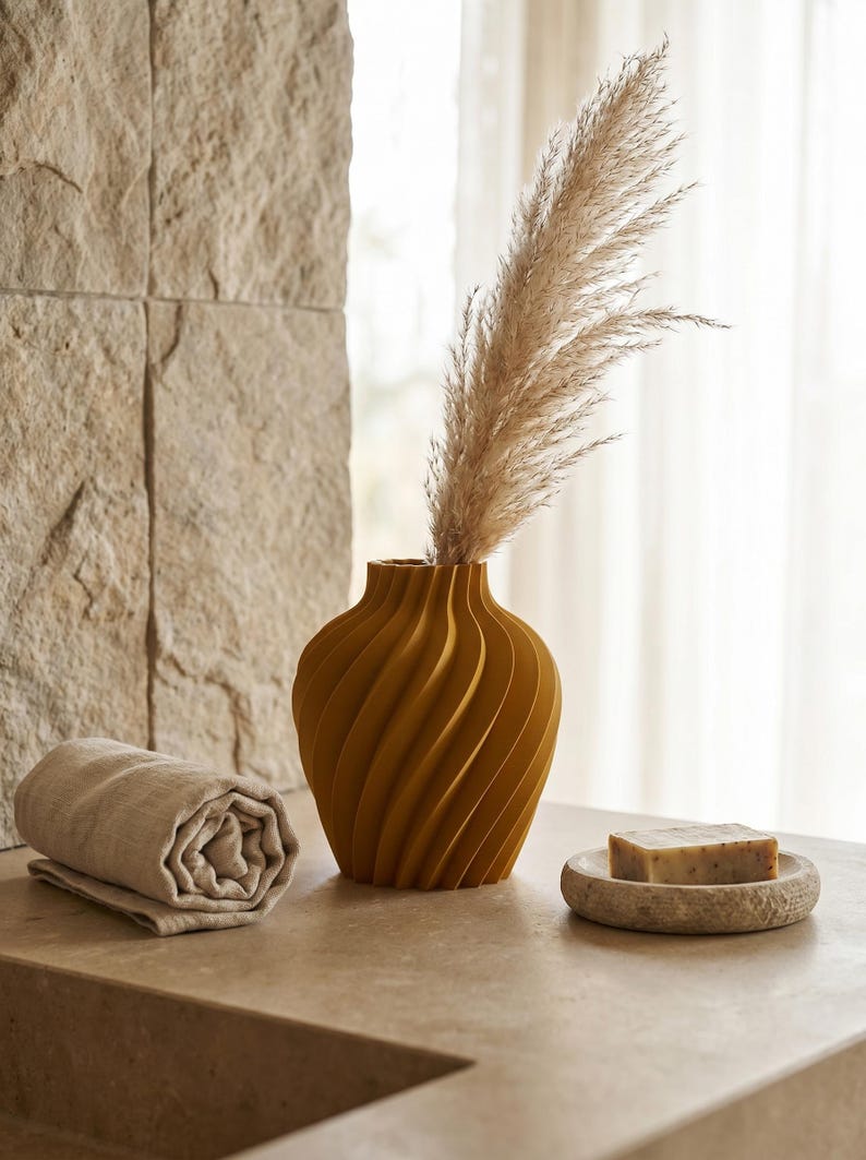 Deko-Vase Organisch Verdana Ockergelb — Badezimmer-Spa · Breite Organisch-Form mit Naturholz-Oberfläche, Bambu PLA Wood · Made in Germany · MyDesignStyle.