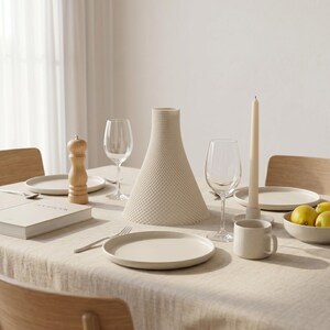 Peut inclure: Une table &agrave; manger dress&eacute;e avec des assiettes beiges, des verres &agrave; vin et un vase textur&eacute;. Un moulin &agrave; poivre en bois, une bougie et un bol de citrons compl&egrave;tent la sc&egrave;ne. La table est recouverte d'une nappe en lin de ton neutre.