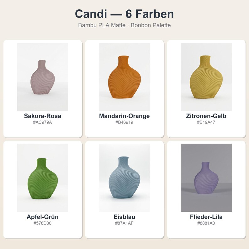Bonbon Candi Vase: alle 6 Farben im Überblick · Bambu PLA Matte · Handgefertigt in München · Made in Germany · MyDesignStyle.