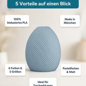 5 Vorteile Bonbon Bonessa Vase: Bambu PLA Matte · Made in München · 6 Farben & 3 Größen · Pastellfarben & Matt · Ideal für Trockenblumen · MyDesignStyle.